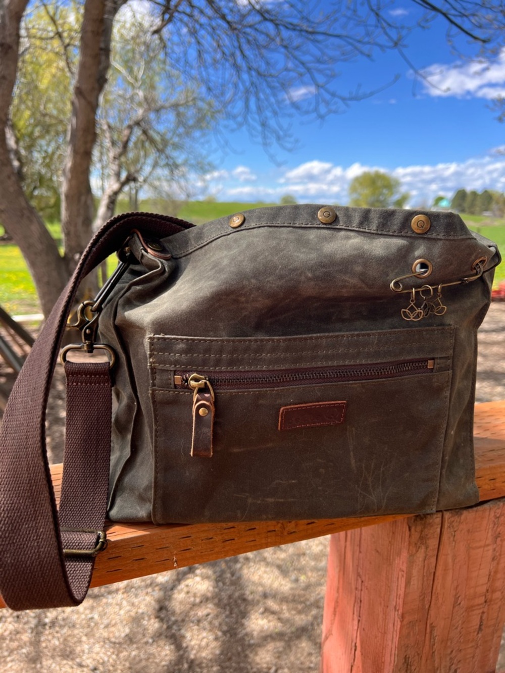 Olive Canvas Messenger Bag with Brown Strap
